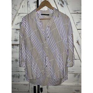 Maria Filo Half Sleeve Multicolor Purple Striped Button Down Blouse NWOT SZ M